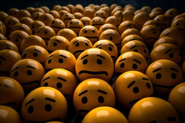 Crowd of yellow emoji faces expressing sadness and depression in a gloomy atmosphere