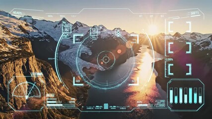 Stunning mountain landscape with futuristic HUD overlay during sunset. - Powered by Adobe