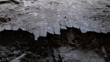 In an abandoned space, wooden floorboards show signs of damage and decay. Cracks are visible along the edges, with dirt accumulating in the gaps. Sunlight shines on the surface.