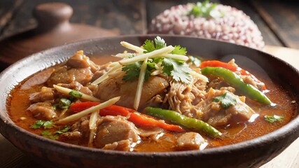 A vibrant and aromatic bowl of traditional chicken curry richly spiced with fresh ginger fiery red and green chilies and garnished with fragrant cilantro served alongside fluffy rice showcasing authe.