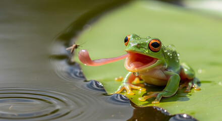Frog catches insect with sticky tongue as it snaps back into mouth near water surface