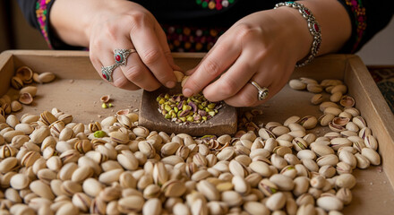 Pistachio processing in Turkmenistan with a worker sorting shell fragments and nuts by hand