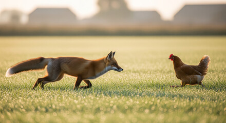 Red fox chasing chicken across grassy field during early morning light