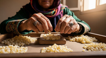 Production of ceremonial incense in Oman by skilled hands during traditional crafting session