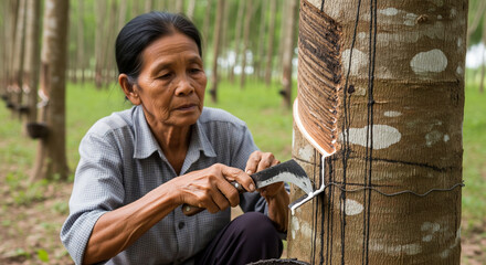 Working in a rubber plantation while tapping rubber trees in Thailand during daytime hours to collect white latex for processing
