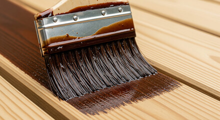 Brush applies dark stain across wooden deck boards during outdoor maintenance task
