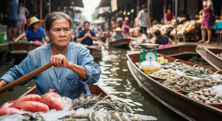 Exploring Thai Floating Market with woman using paddle to move her boat through the water