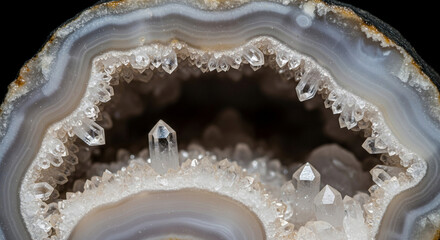 Quartz crystals quickly expand in a geological formation and fill the cavity with shiny facets