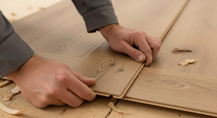 Worker installs wooden floor planks in a room during renovation project