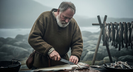 Fisherman prepares fish with careful knife work while curing at Viking site near rocky shore during cool morning