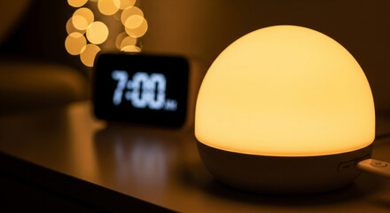 Wake up lamp simulates sunrise effect with gradual brightening at 7:00 AM on a bedside table surrounded by soft lights