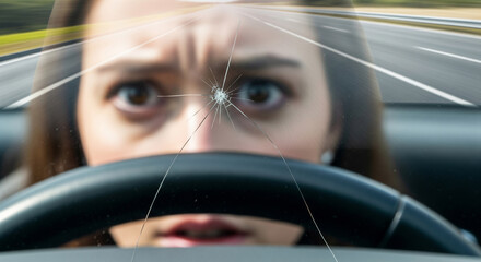 Windshield crack propagation causes sudden spiderweb effect in driver's field of vision while on a highway