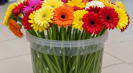 Colorful flowers in a bucket with gentle ripples forming on the water surface during daytime