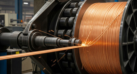 Wire coiling machine winds copper wire tightly onto spool while rotating at high speed in industrial setting