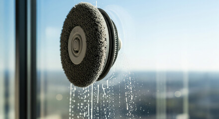 Window cleaner robot working on a glass surface while sliding down at a high building during the day