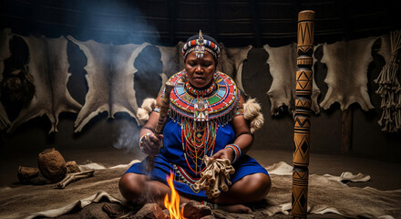 Zulu healing ritual with Sangoma performing bone shaking in traditional setting