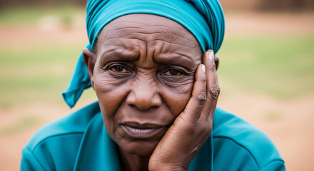 Zimbabwean woman experiences pain as she presses her hand against her side during a difficult moment in her life