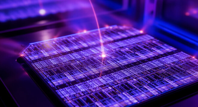 Subtle changes on silicon wafer surface show fast etching process during semiconductor fabrication in a cleanroom environment
