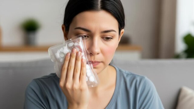 Woman applying ice pack for facial swelling relief at home
