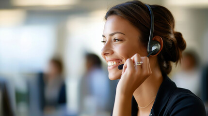 Faceless portrait of smiling businesswoman operator heavily defocused background anonymous professional speaking with client via headset computer call center contact help