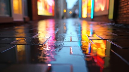 Rainy night street reflection, neon lights, urban background, city scene, website banner