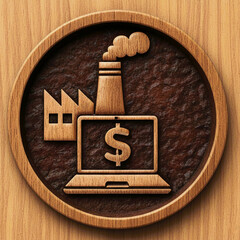 Wooden Carved Icon of a Factory and Laptop with Dollar Sign Symbolizing Industrial Finance and Online Business Growth