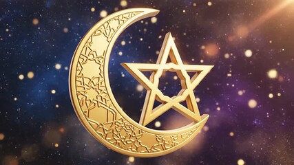 Golden Crescent Moon and Star of David Symbolizing Interfaith Harmony and Spiritual Unity Against a Shimmering Cosmic Starry Night Sky with Bokeh Lights.