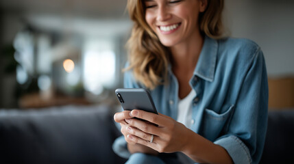 Faceless happy young woman using mobile apps in living room heavily defocused home background anonymous female using smartphone sitting on couch messaging online shopping