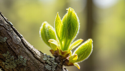 Soft downy leaflets emerging from rugged lichen-covered limb against defocused forest backdrop