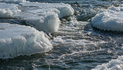 Thick frozen shelves featuring jagged dripping spikes looming over dark flowing stream during spring melt