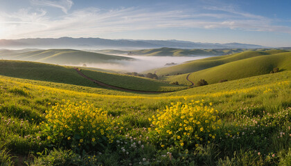 Undulating verdant pastures with yellow foreground wildflowers and winding trail rising from dense valley fog against mountain range