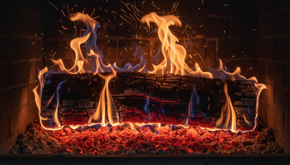 Charred timber log engulfed in dancing blue and orange flames emitting flying sparks within dark brick hearth