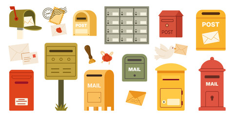 Postal illustration with colorful mailboxes, envelopes, letters, stamps and postboxes representing home mail delivery, written correspondence and everyday communication objects