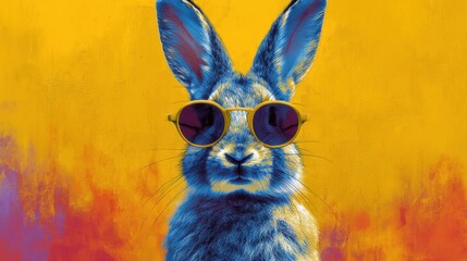 A rabbit is seen wearing round sunglasses. The background is bright yellow creating a bold contrast. This scene captures a playful moment at an art event focused on animal portraits.