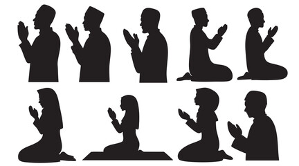 Muslim Praying Men and Women Silhouettes on White Background Vector Fully Editable Smart Object Text Effect