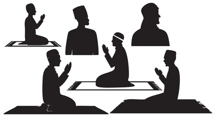 Muslim Praying Men and Women Silhouettes on White Background Vector Fully Editable Smart Object Text Effect