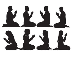 Muslim Praying Men and Women Silhouettes on White Background Vector Fully Editable Smart Object Text Effect