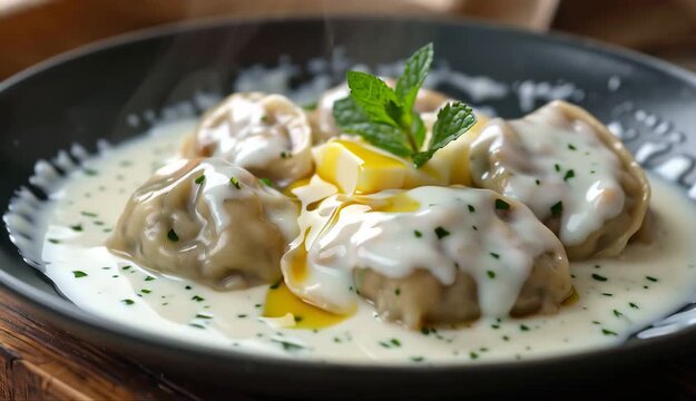 Delicious dumplings in creamy sauce