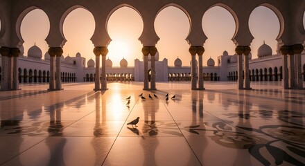Serene mosque courtyard with arches and reflections at sunrise, Ramadan 2026 Theme