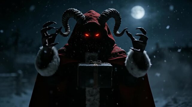 Mystical krampus figure with horns appears in winter snow, offering a dark gift under a full moon for scary christmas concept.