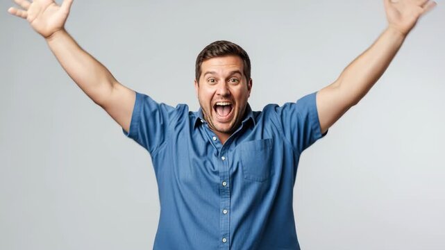 Man celebrates with joyful expression and raised arms over three frames capturing excitement and happiness