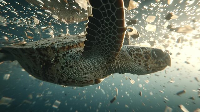 Sea turtle swimming in polluted ocean water