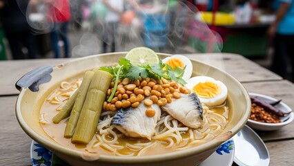 Burmese cuisine with Steaming Noodles: A tantalizing bowl of traditional Burmese noodles, overflowing with fresh ingredients, garnished with a slice of lime and fresh herbs.
