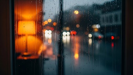 Cozy Rain: The serene atmosphere of a rainy day, with gentle raindrops cascading down a window. The soft glow of interior lights contrasts beautifully with the blurry lights of the cityscape