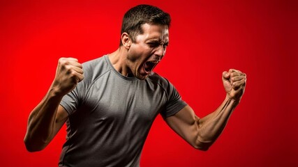 Intense emotional outburst of a man yelling in anger against a bold red backdrop
