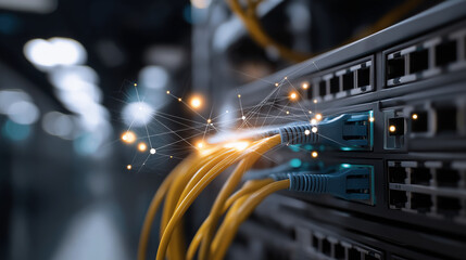 Network panel switch and cable in data center heavily defocused background macro shot with augmented reality ethernet cables connected to router ports virtual graphics showing