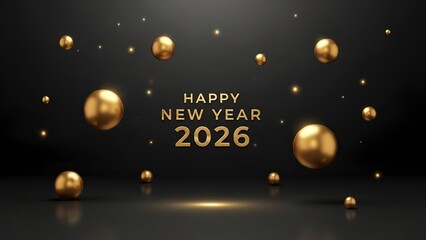 Happy New Year 2026 celebration with gold balloons and lights