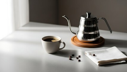 Morning Brew Ritual: A stainless steel gooseneck kettle and a cup of coffee grace a sunlit countertop, alongside coffee beans and a pristine napkin.