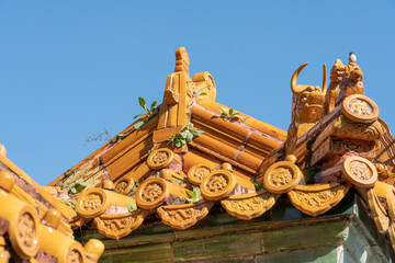 Detail of a Ming Dynasty yellow roof corner with mythical beast figures and weeds growing in cracks.