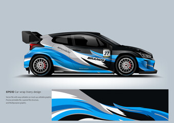 A dynamic blue and black racing car wrap featuring sharp flowing lines and a modern motorsport-inspired look, perfect for performance and branding visuals.